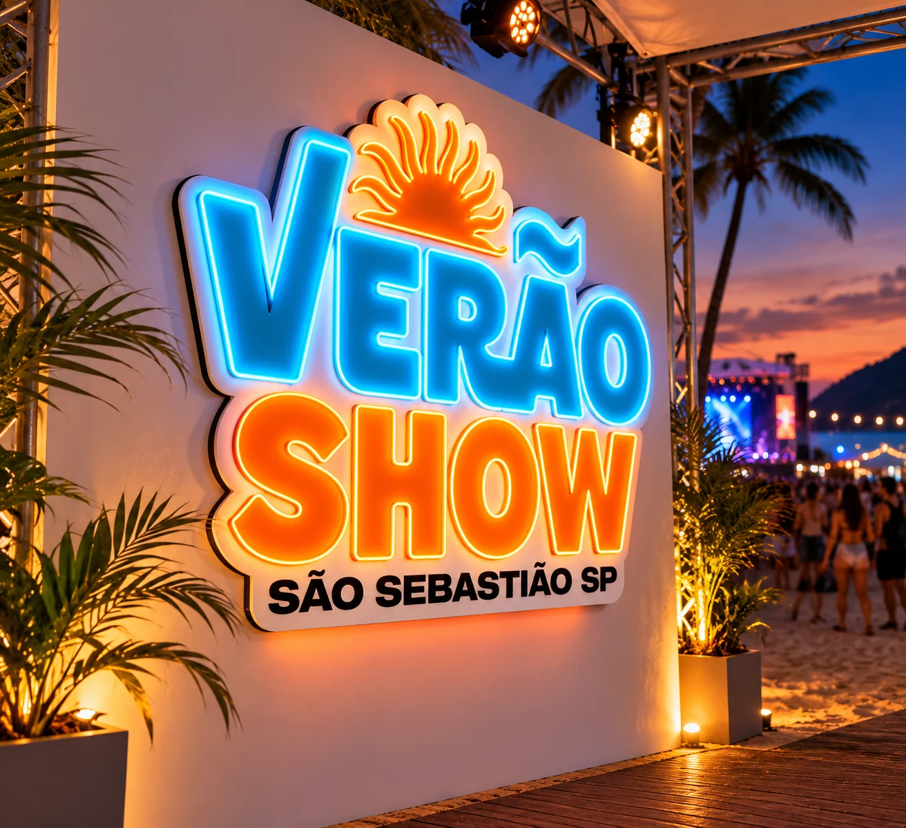 Prévia de letreiro para evento na praia, em neonled azul claro e laranja sobre base branca.