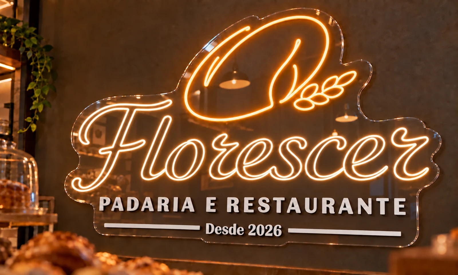 Prévia do letreiro Florescer em neonled âmbar, com textos pequenos sem luz e base de acrílico transparente.